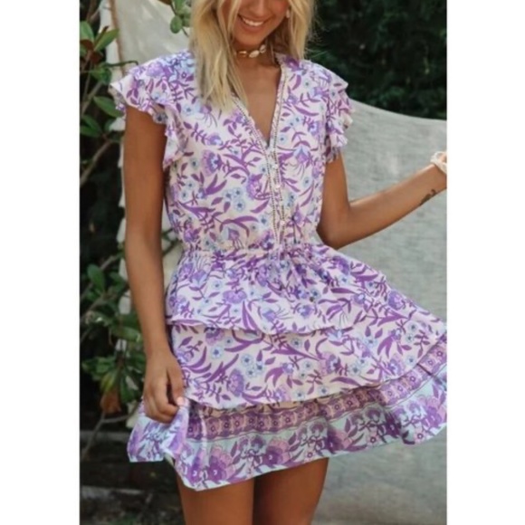 Bohemian Floral Print Ruffle Layered Mini Dress - Picture 2 of 5